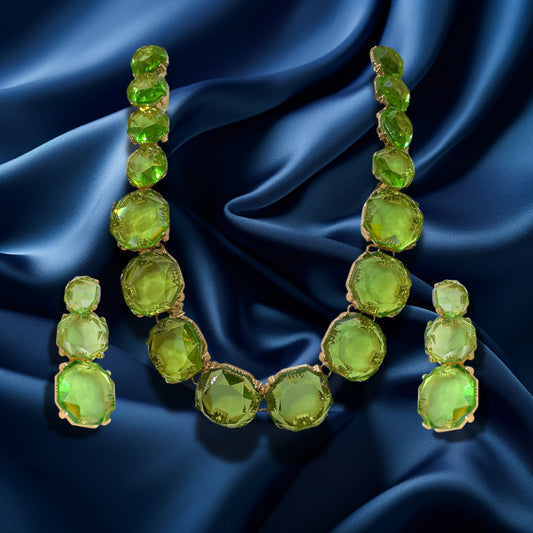 Green Rhinestone Crystalline Bohemian Necklace & Earrings Set