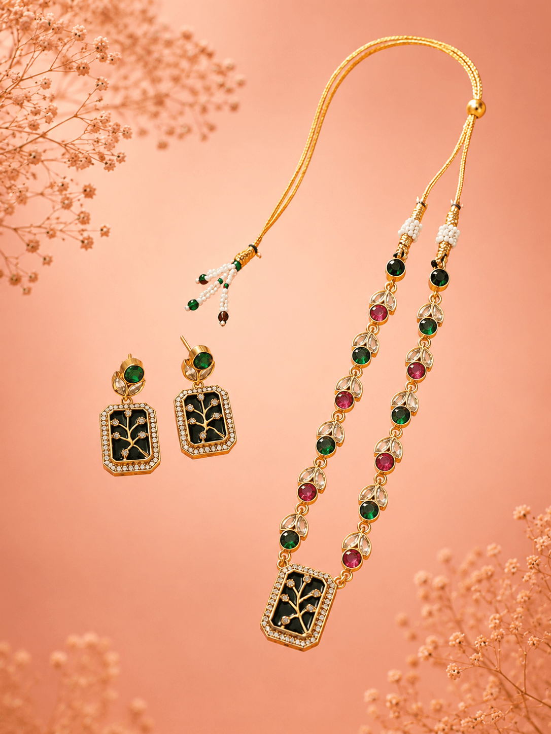 Black Enamel Tree Motif Drop Earrings Set