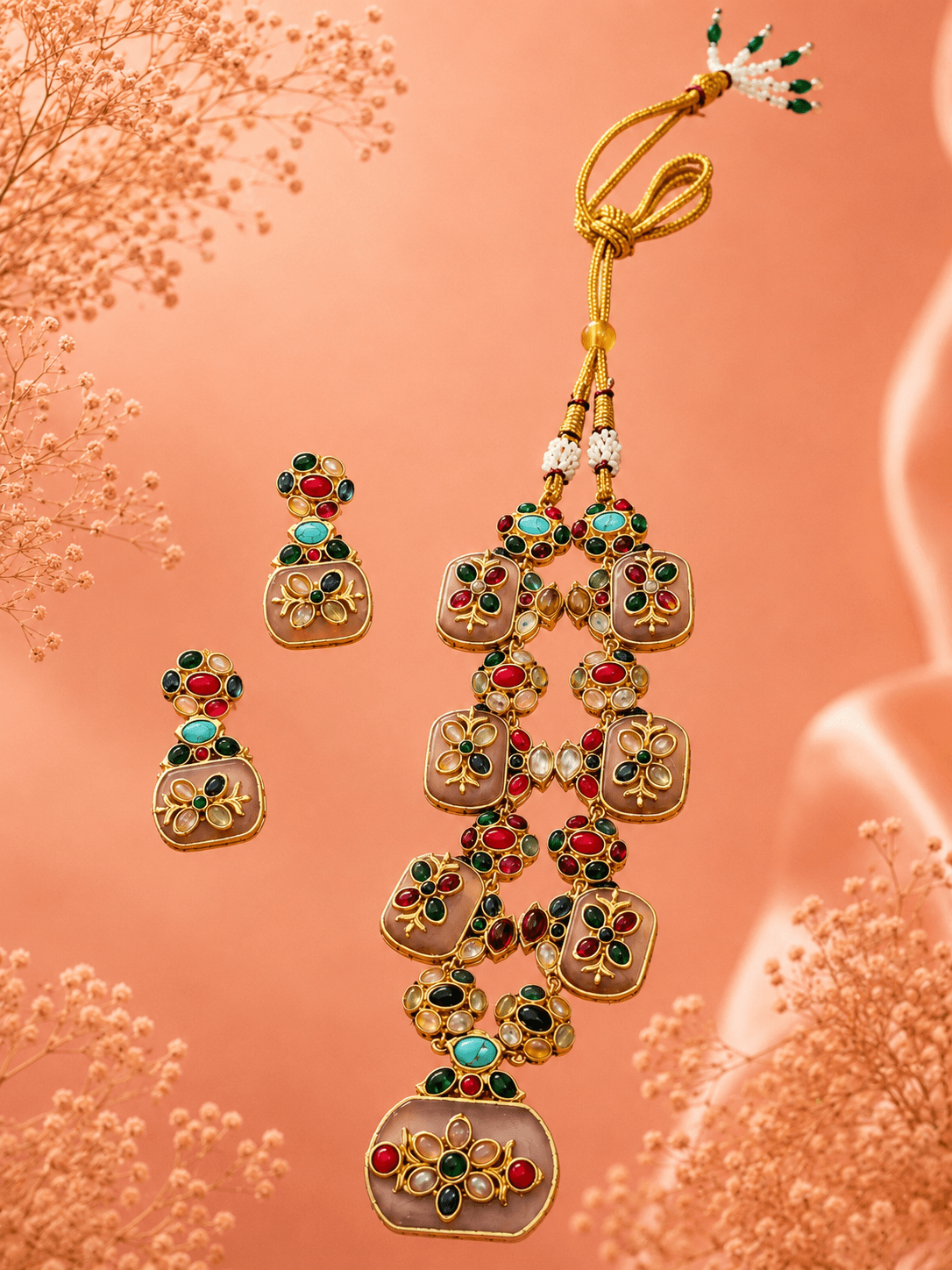 Kundan Meena Layered Pendant Necklace & Earring Set