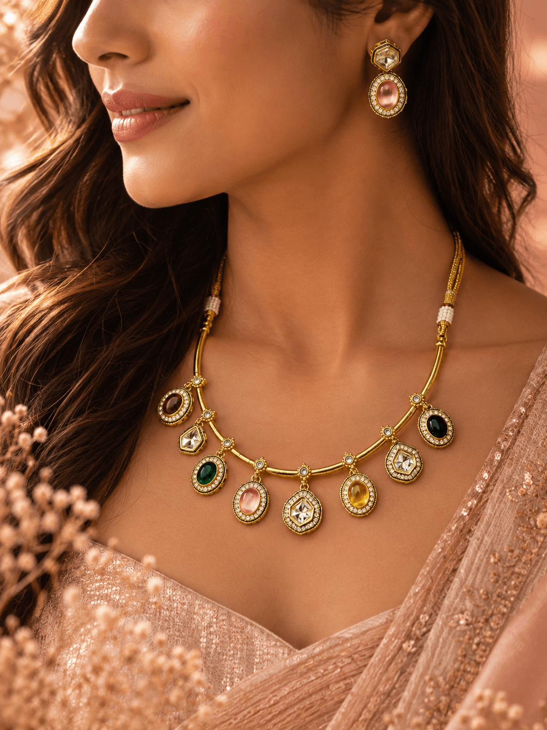 Multicolour Gemstone Charm Necklace and Earrings Set