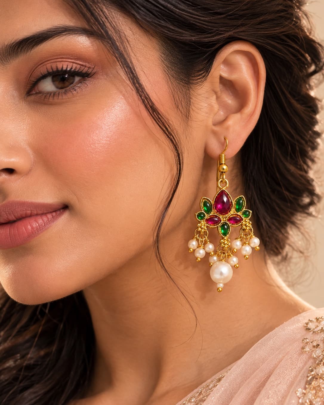 Ruby Bloom Pearl Drop Earrings