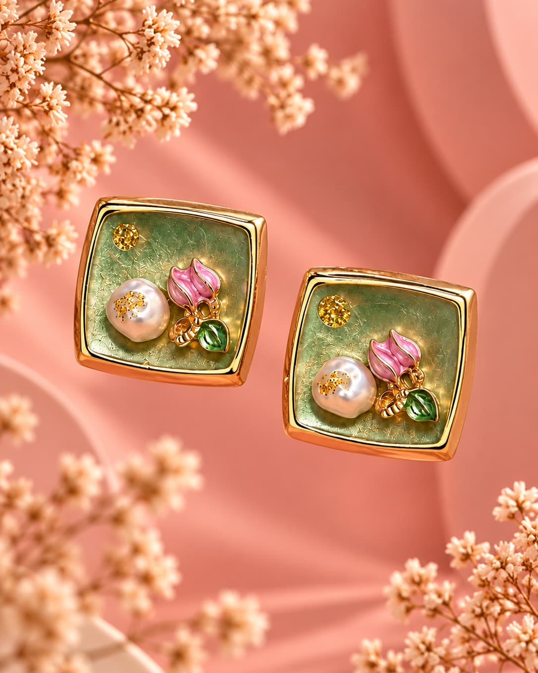 Enamel Rosebud Pearl Stud Earrings
