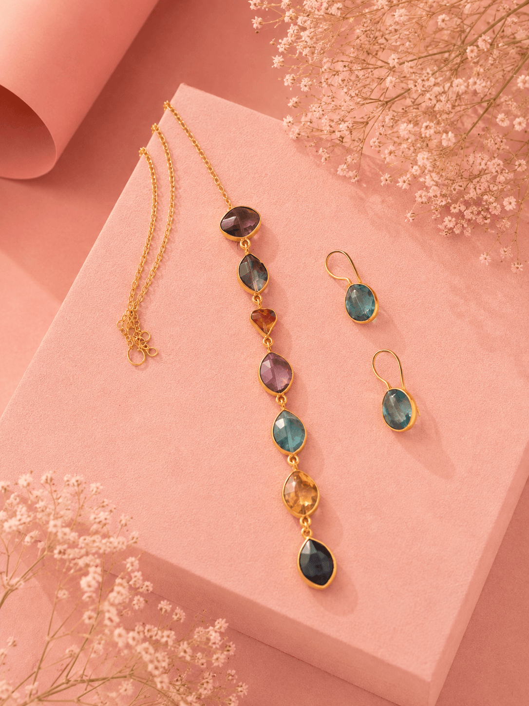 Rainbow Gemstone Drop Necklace & Earring Set