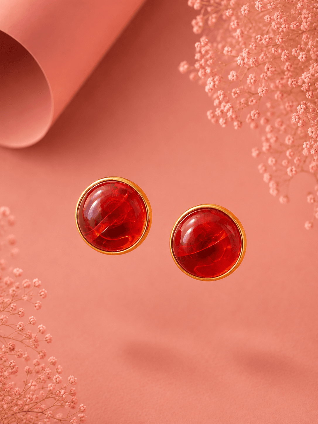 Red Amber Drop Stud Earrings