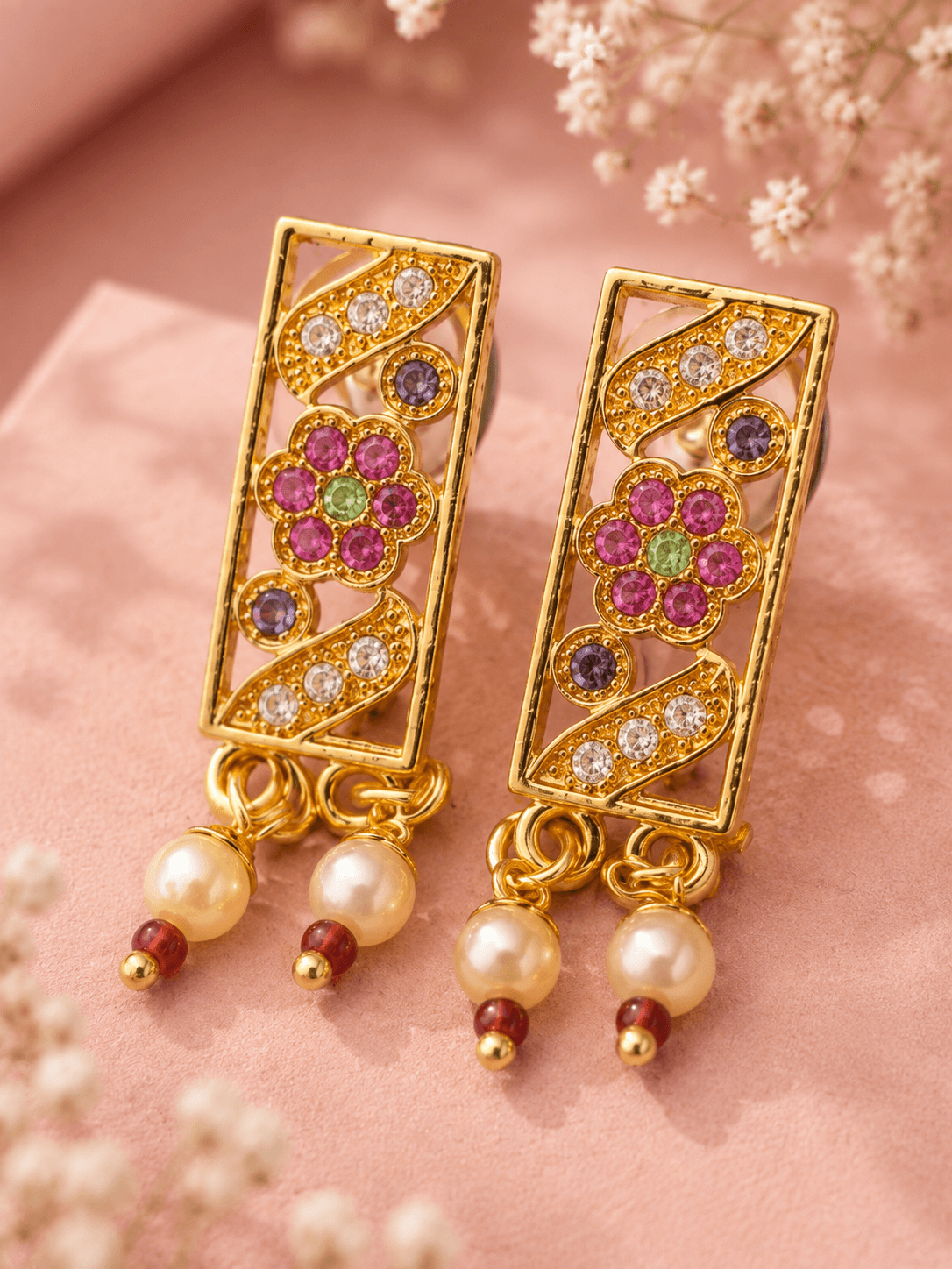 Rectangle Floral Kundan Drop Earrings