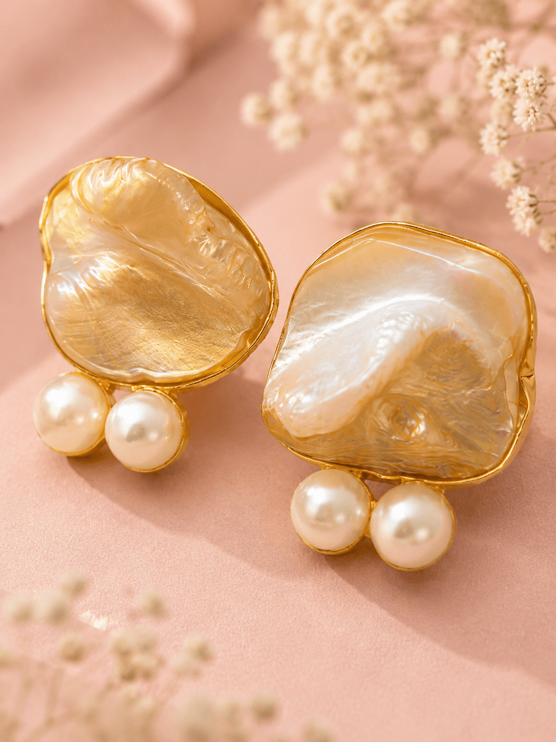 Golden Shell Pearl Drop Earrings