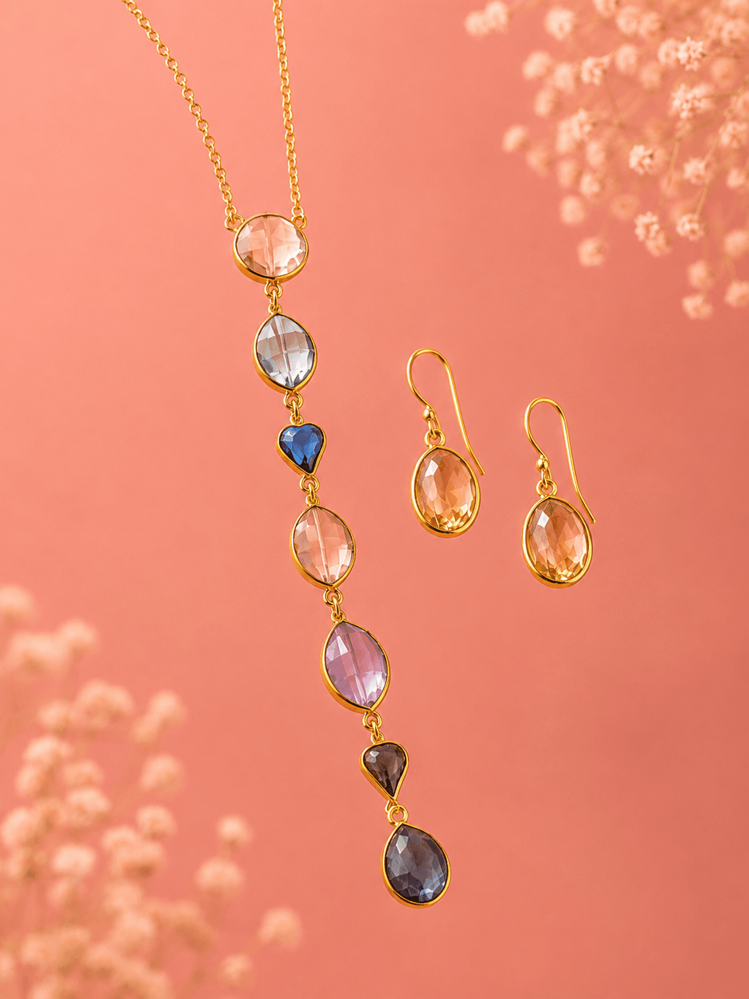 Multicolour Gemstone Drop Necklace & Earring Set