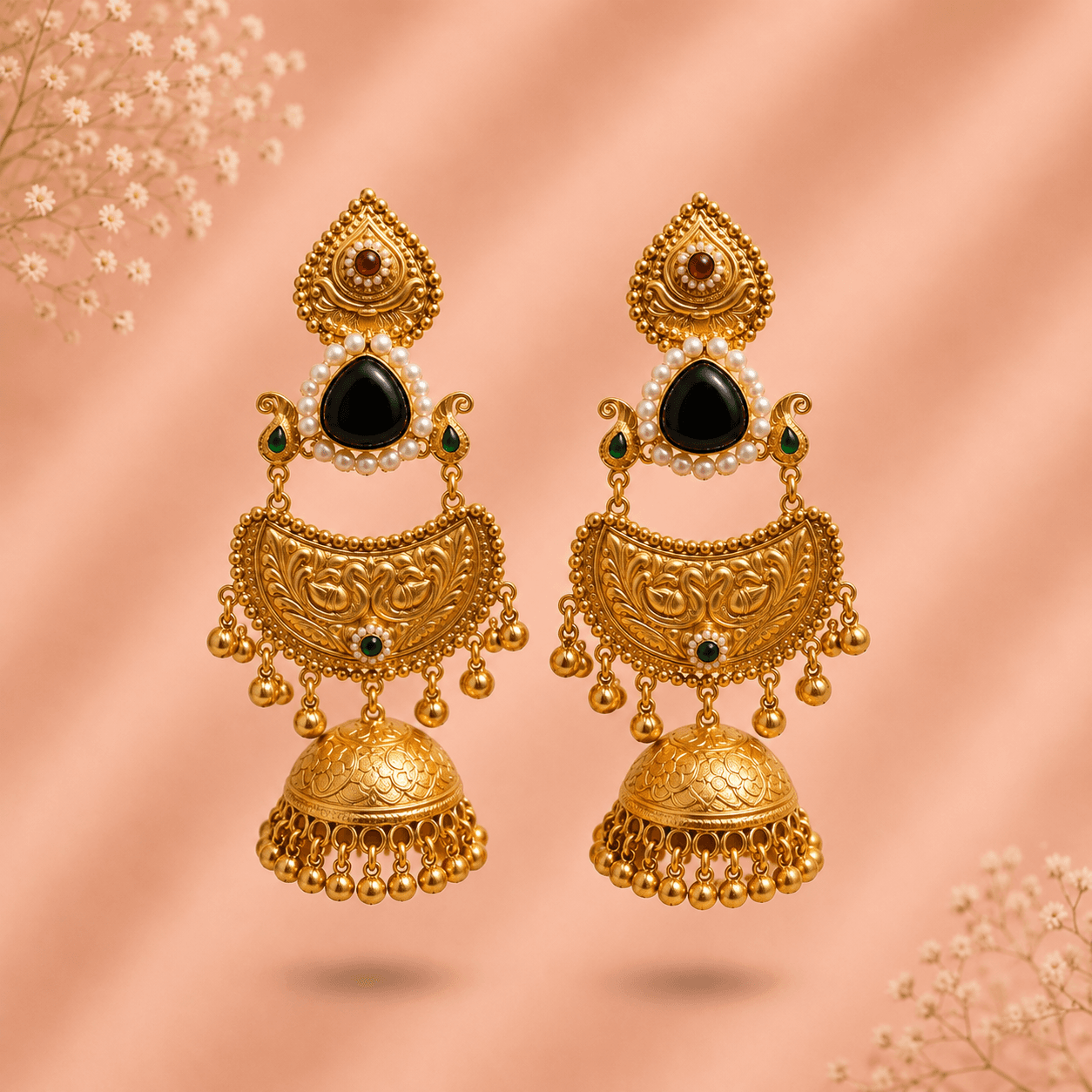 Antique Gold Jhumka Earrings with Stone Drops