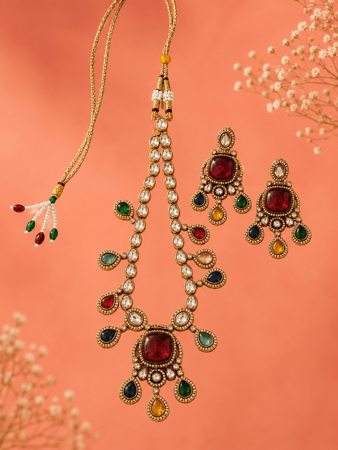 Multicolour Kundan Necklace and Earring Set