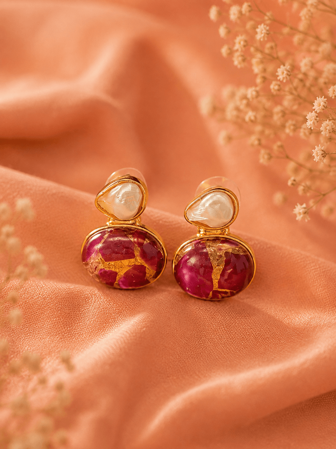 Baroque Pearl and Copper Stone Drop Earrings