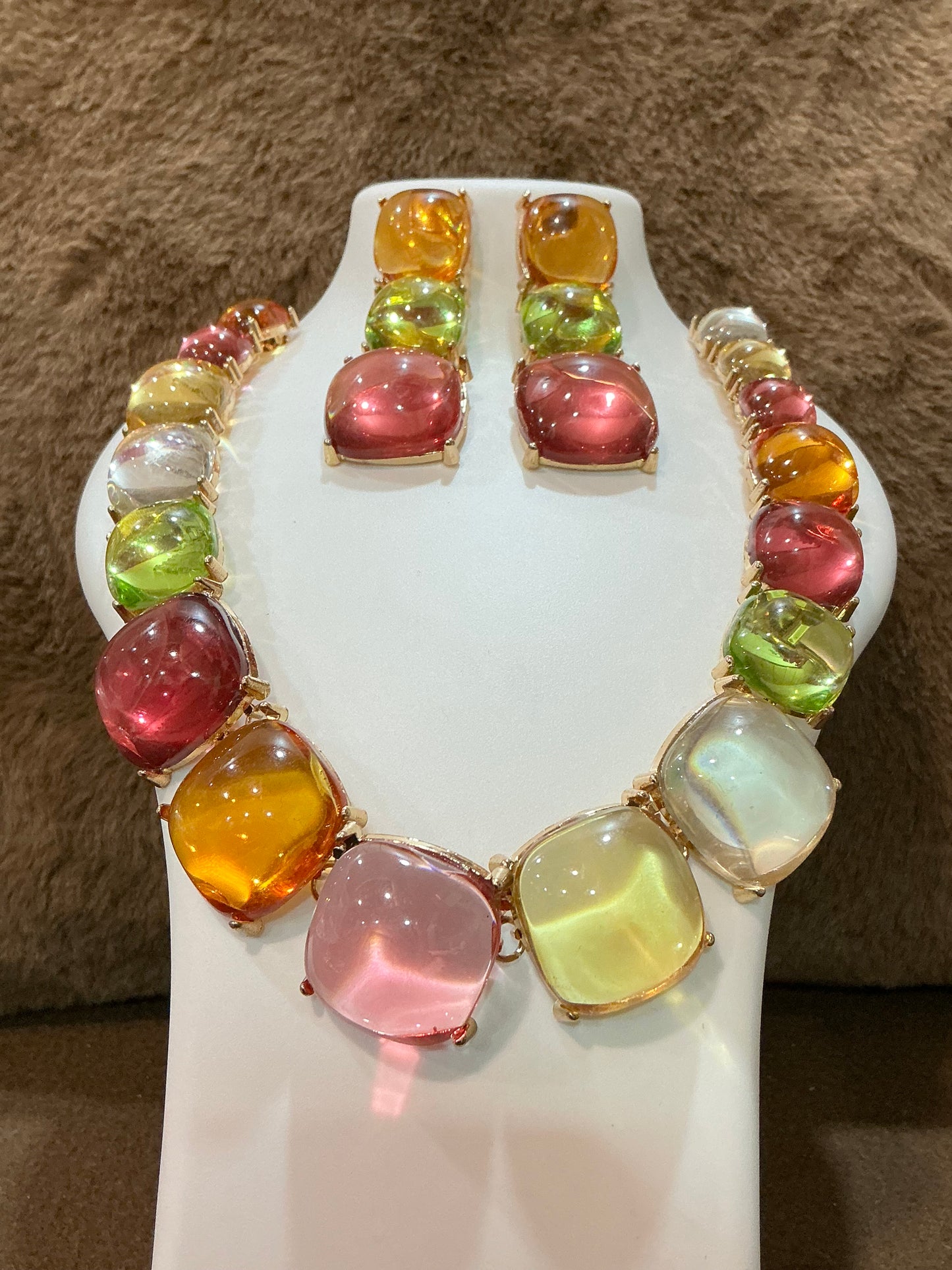 Candy Pop Gemstone Necklace & Earrings Set – Playful Glamour in Every Color